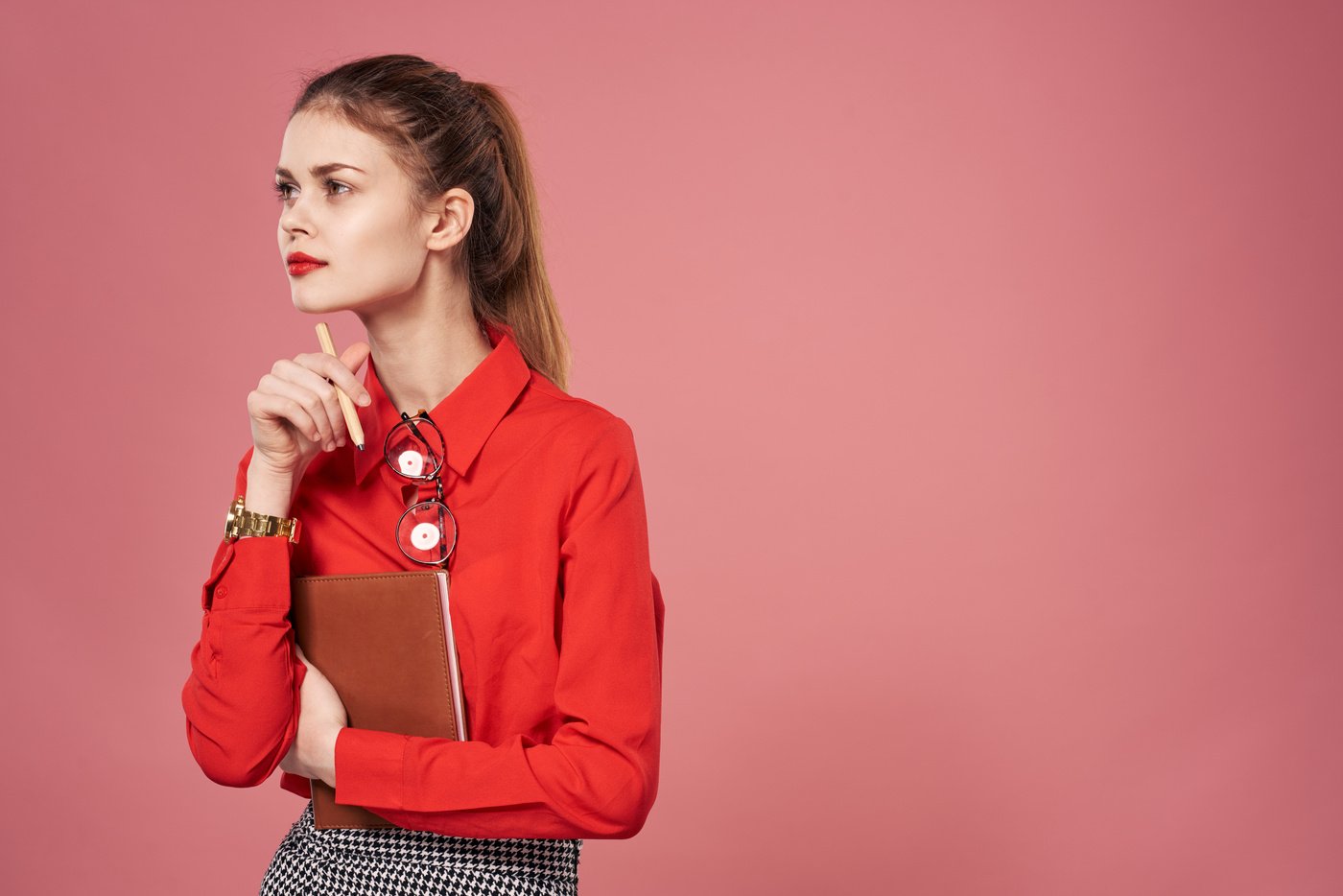 Business Woman Red Shirt Executive Pink Background