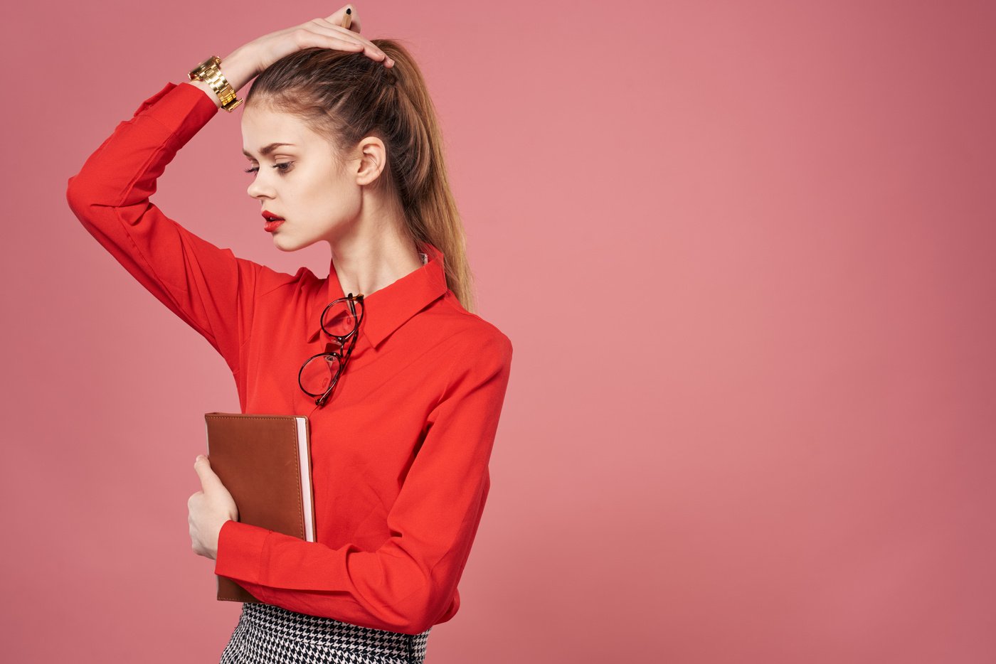 Business Woman Red Shirt Executive Pink Background